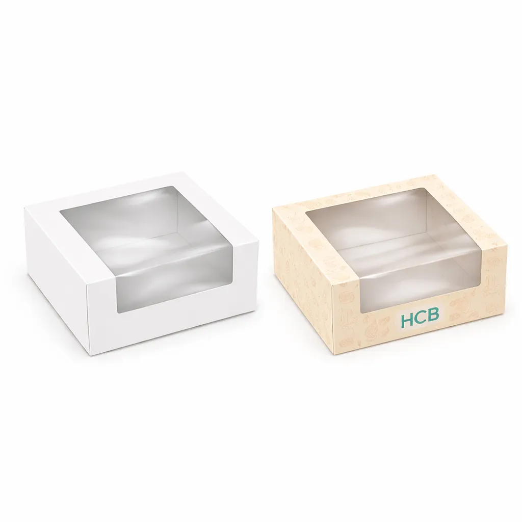 Two vertical retail boxes, one minimalist white and one with a transparent window for product display.